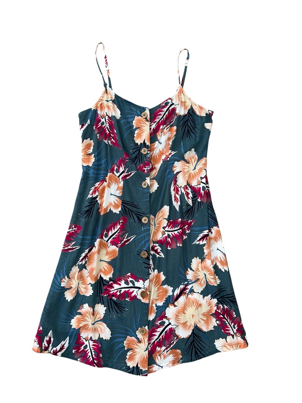 ROXY “SWEET ABOUT ME” tropical hibiscus floral print strappy mini dress MEDIUM